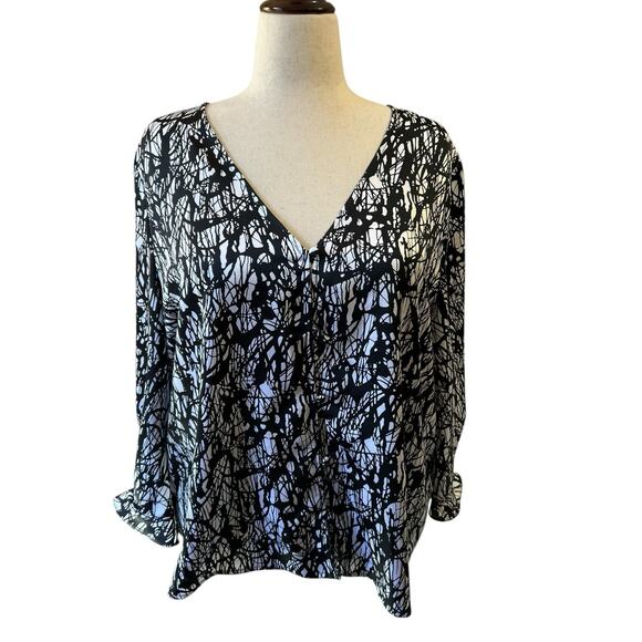Halogen Women's Long Sleeve Blouse Black White Size 2X Abstract Career Casual - Picture 1 of 8